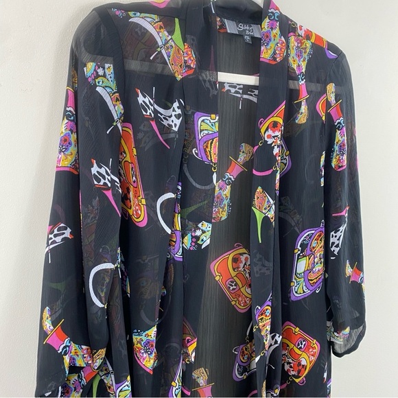 Slinky Brand Women's Open Front Novelty Print Black Sheer Kimono Sz M - Picture 3 of 10